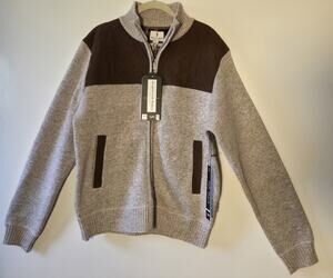 Scott James Full Zip Sweater Mens L Brown Quilted Yoke Fleece Lined Cardigan New